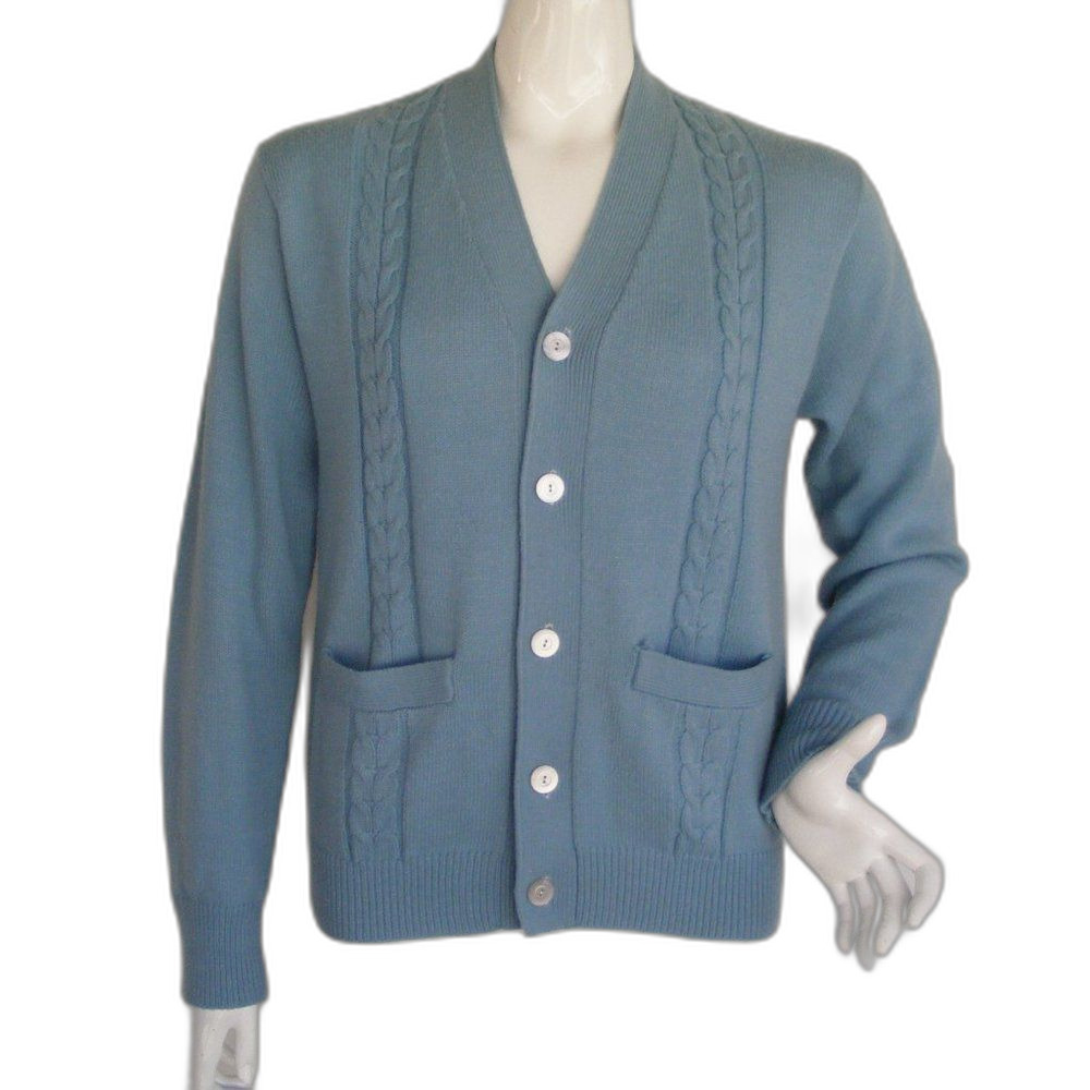 ANDROS Grandpa Sweater, L, Dusty Blue Acrylic, Cardigan, Pockets,